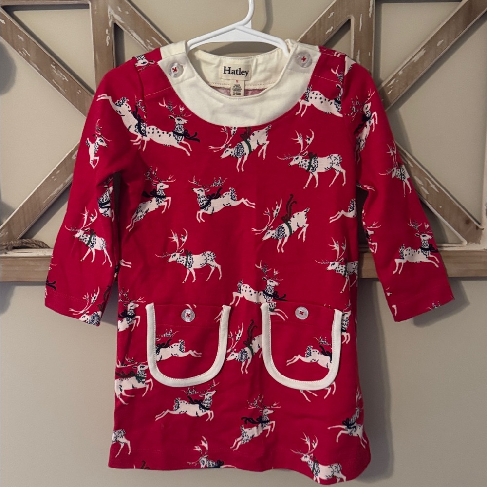 Hatley Festive Red Toddler Christmas Dress with Reindeer Pattern